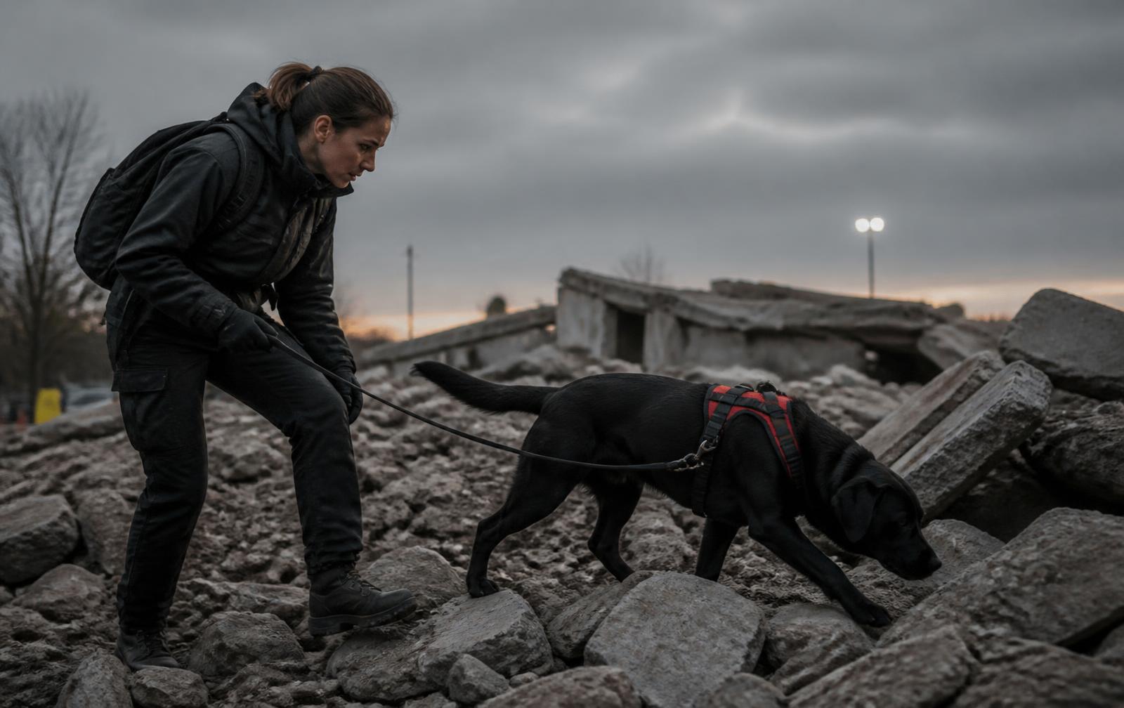 Guía de búsqueda técnica trabajando con su perro sobre escombros en terreno